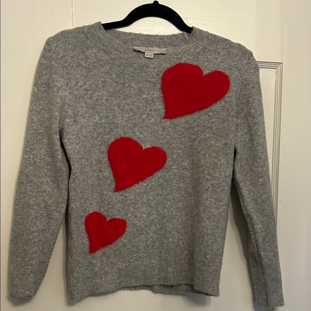 LOFT Gray Sweater with Red Heart Accents